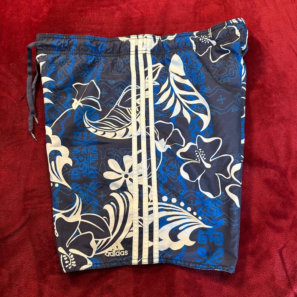 Adidas Mens Blue Floral Hibiscus Swim Trunks Board Shorts Size 34 3 Stripe Mesh